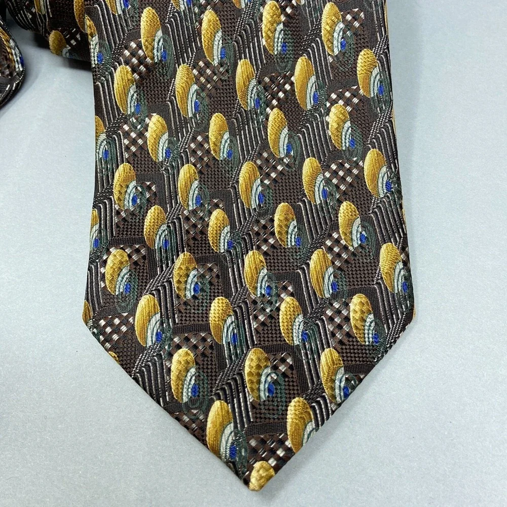 Ermenegildo Zegna Tie Necktie 100% Silk Geometric Abstract Designer Brown‎ Mens